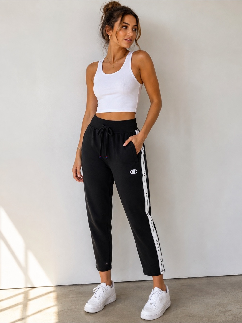 Champion Y2K Black Joggers with White Logo Side Tape Size L Retro Athleisure